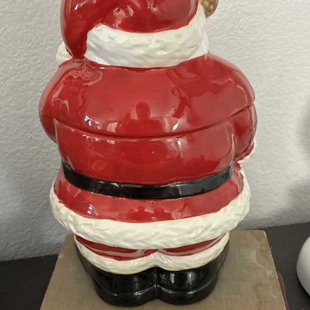 Ceramic Santa Claus Cookie Jar Canister With Lid, Red White Black Gold Christmas